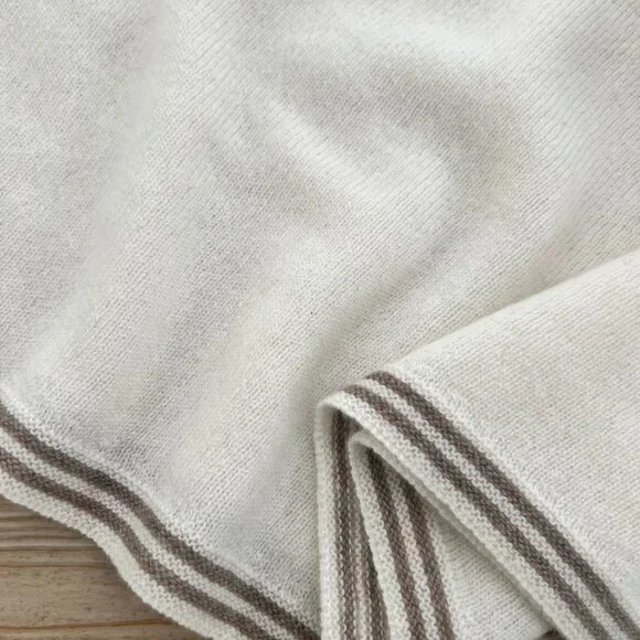 Cashmere Triangle Scarf – Soft Ivory w/ Taupe Stripe | Lightweight Coastal - Picture 5 of 5